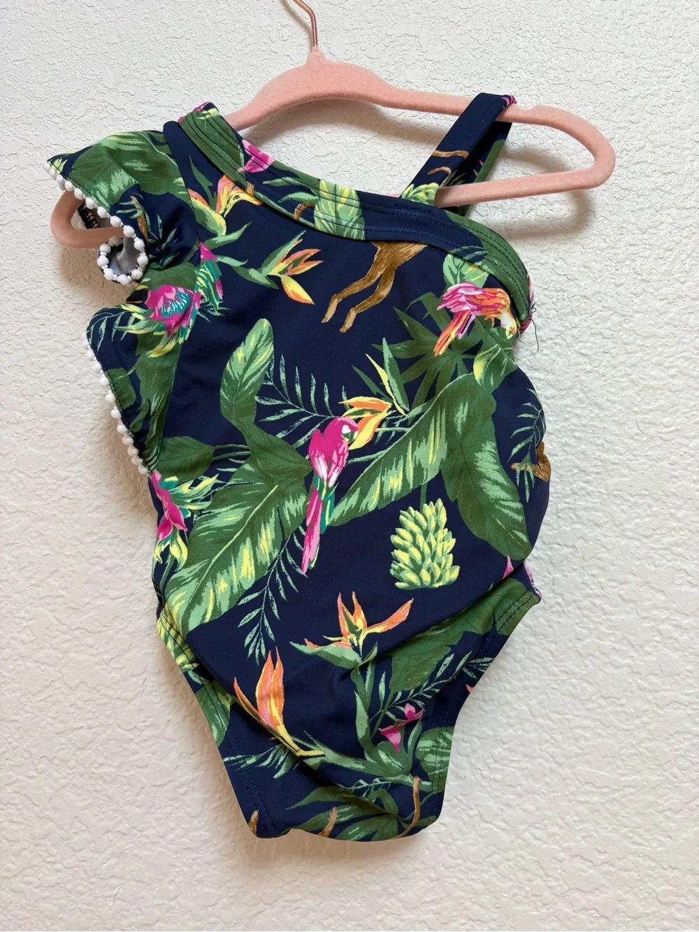Janie and Jack Navy Tropical Asymmetrical One-Shoulder Ruffle Baby Girl Swimsuit